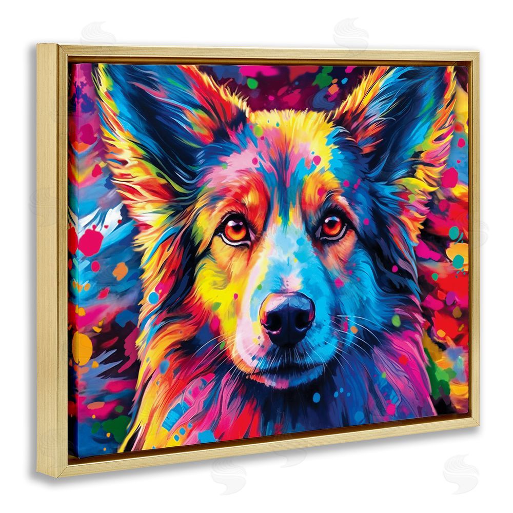 Image World Dog with Vivid Paint Splash Gold Floating Frame Canvas Wall Art Print