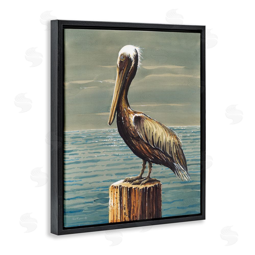 John Rossini Pelican and Cloudy Seascape Black Floating Frame Canvas Wall Art Print