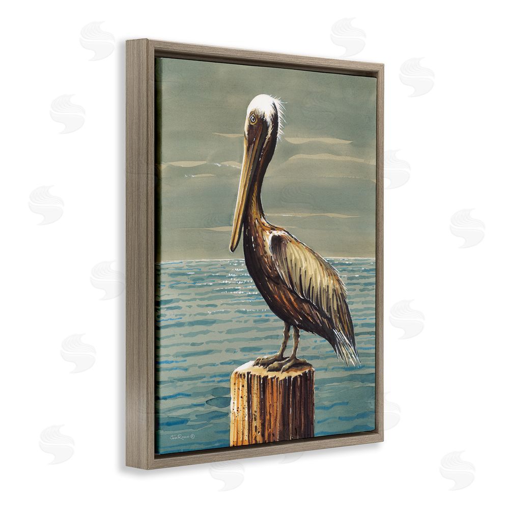 John Rossini Pelican and Cloudy Seascape Brown Floating Frame Canvas Wall Art Print