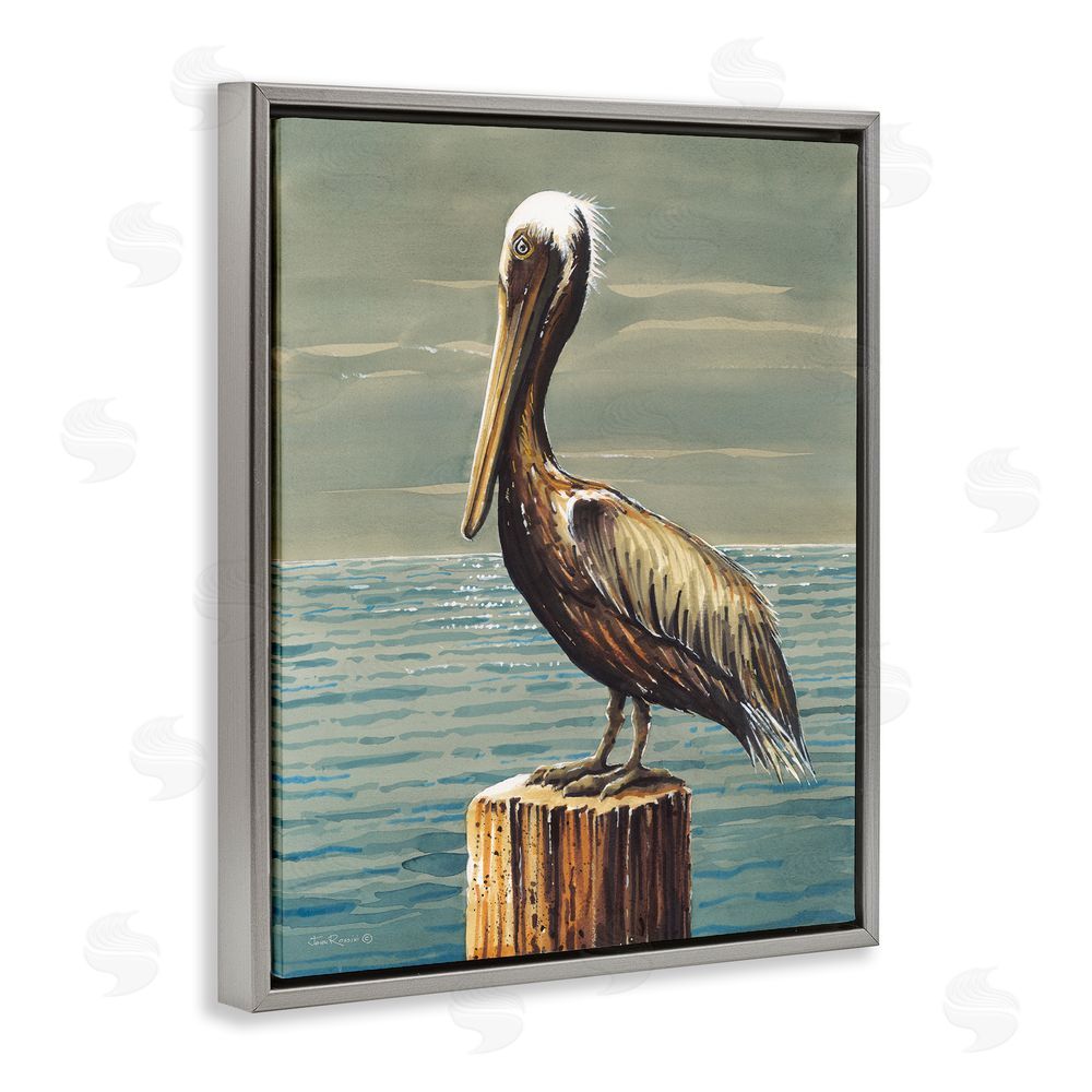 John Rossini Pelican and Cloudy Seascape Grey Floating Frame Canvas Wall Art Print
