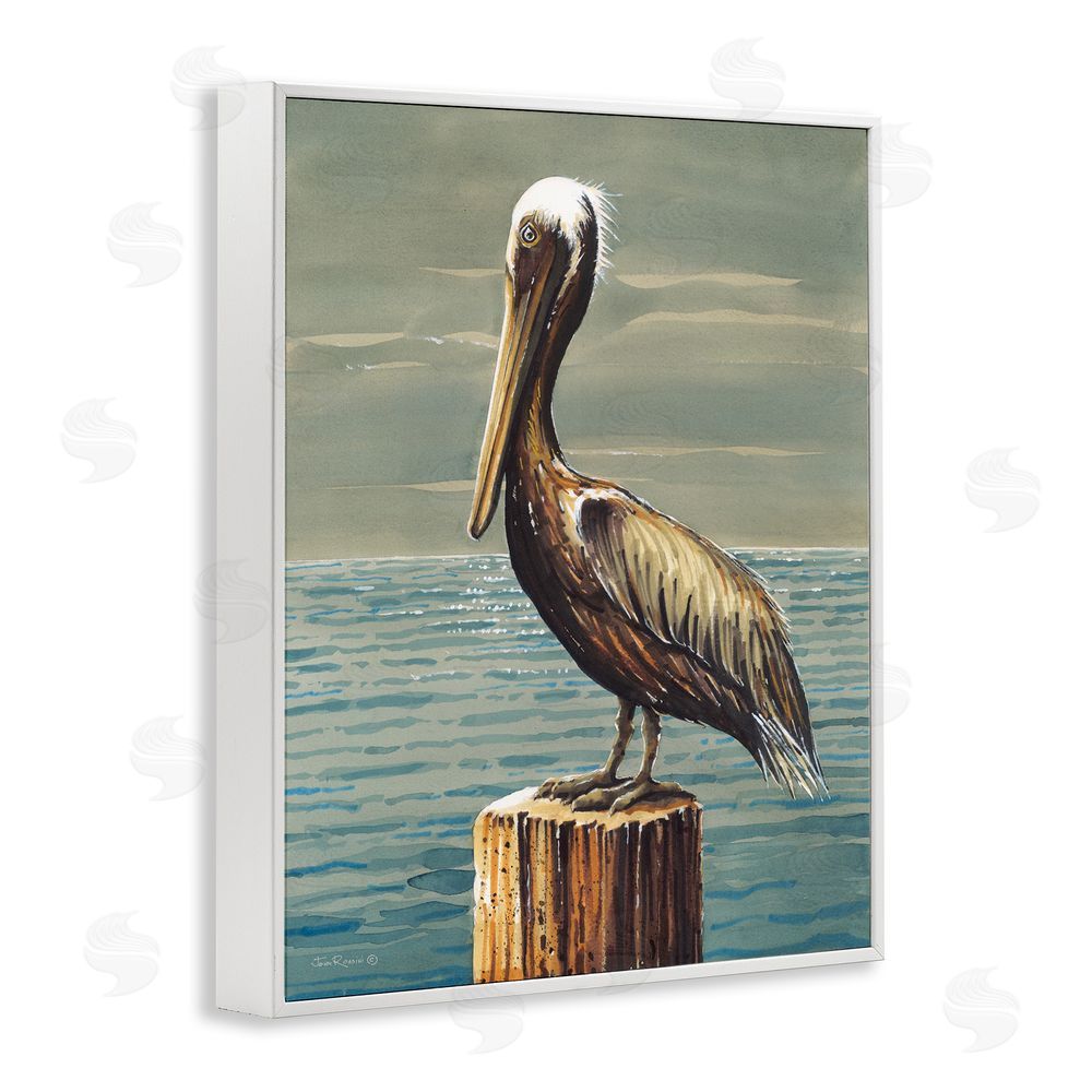 John Rossini Pelican and Cloudy Seascape White Framed Giclee Wall Art Print