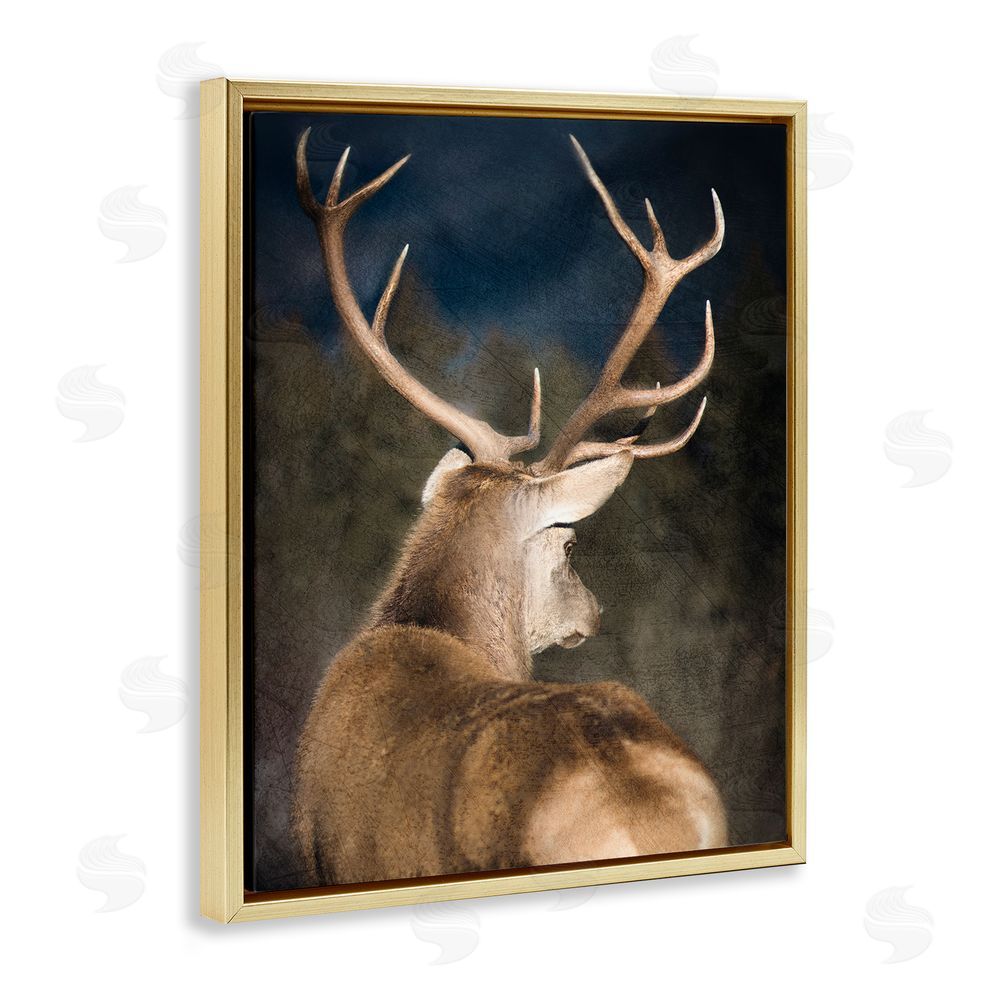 Kim Allen Rustic Dark Deer Portrait Gold Floating Frame Canvas Wall Art Print