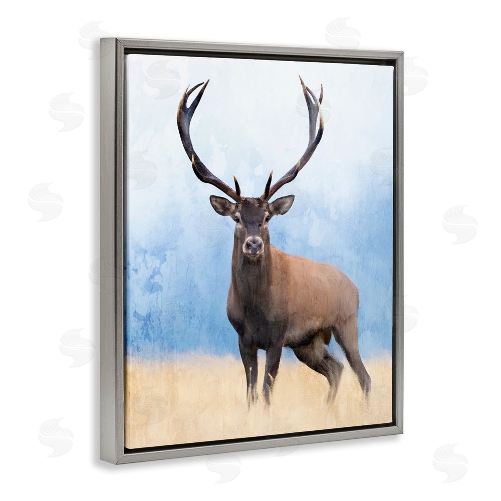 Kim Allen Deer in Open Field Grey Floating Frame Canvas Wall Art Print