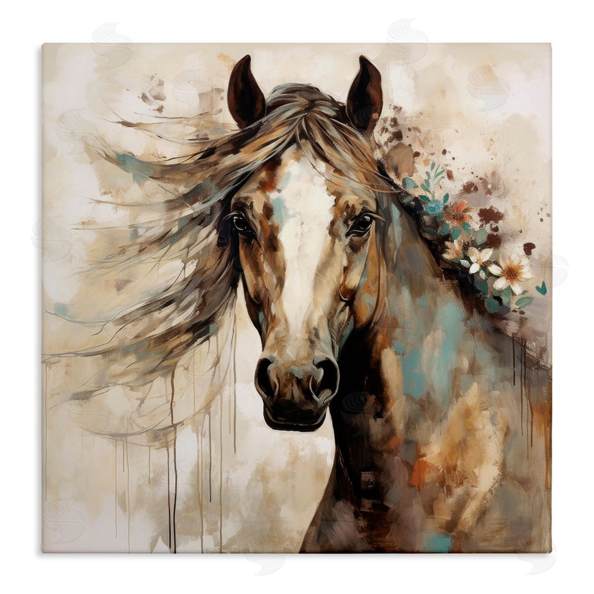 Brown Horse with Florals Canvas Wall Art, Home Decor by Lazar Studio