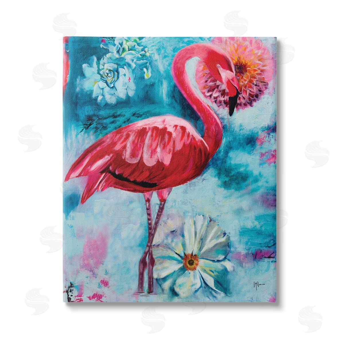 Linda McClure Modern Flamingo & Blooms Stretched Canvas Wall Art Print