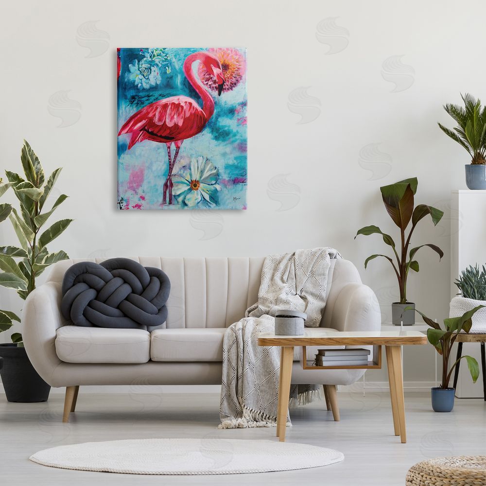 Linda McClure Modern Flamingo & Blooms Canvas Wall Art Print in Room