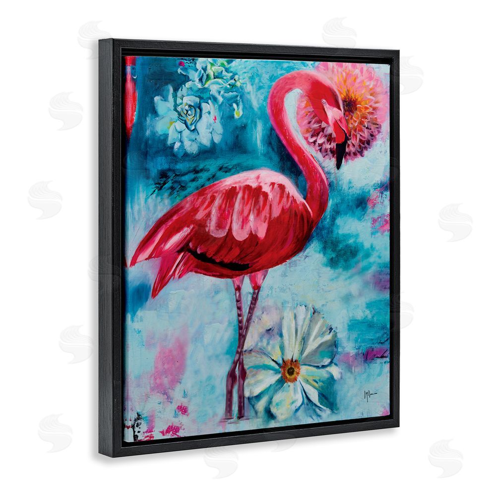 Linda McClure Modern Flamingo & Blooms Black Floating Frame Canvas Wall Art Print