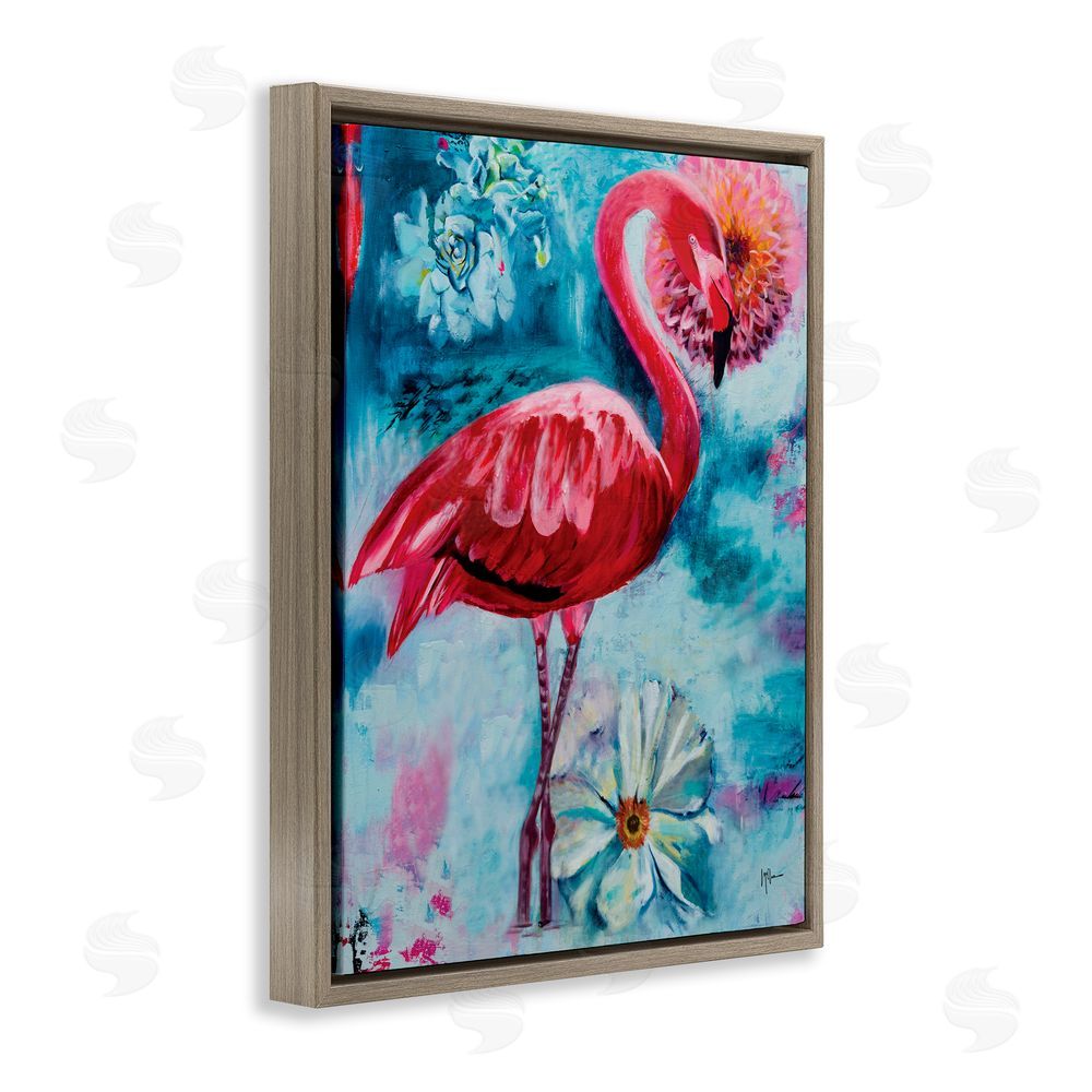 Linda McClure Modern Flamingo & Blooms Brown Floating Frame Canvas Wall Art Print