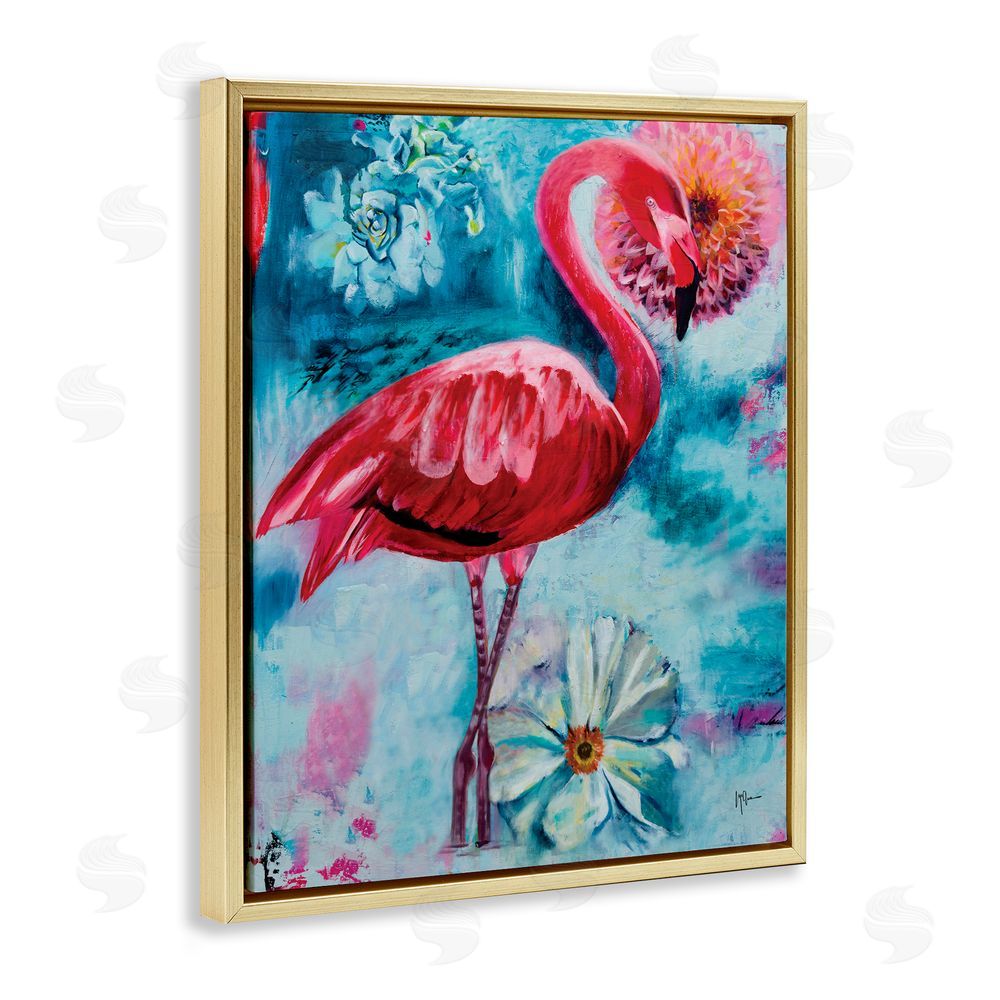 Linda McClure Modern Flamingo & Blooms Gold Floating Frame Canvas Wall Art Print