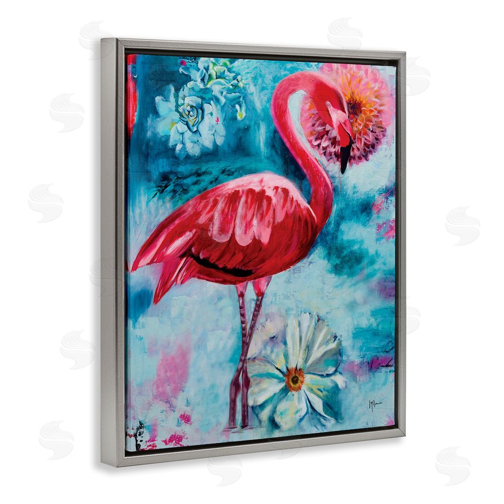Linda McClure Modern Flamingo & Blooms Grey Floating Frame Canvas Wall Art Print