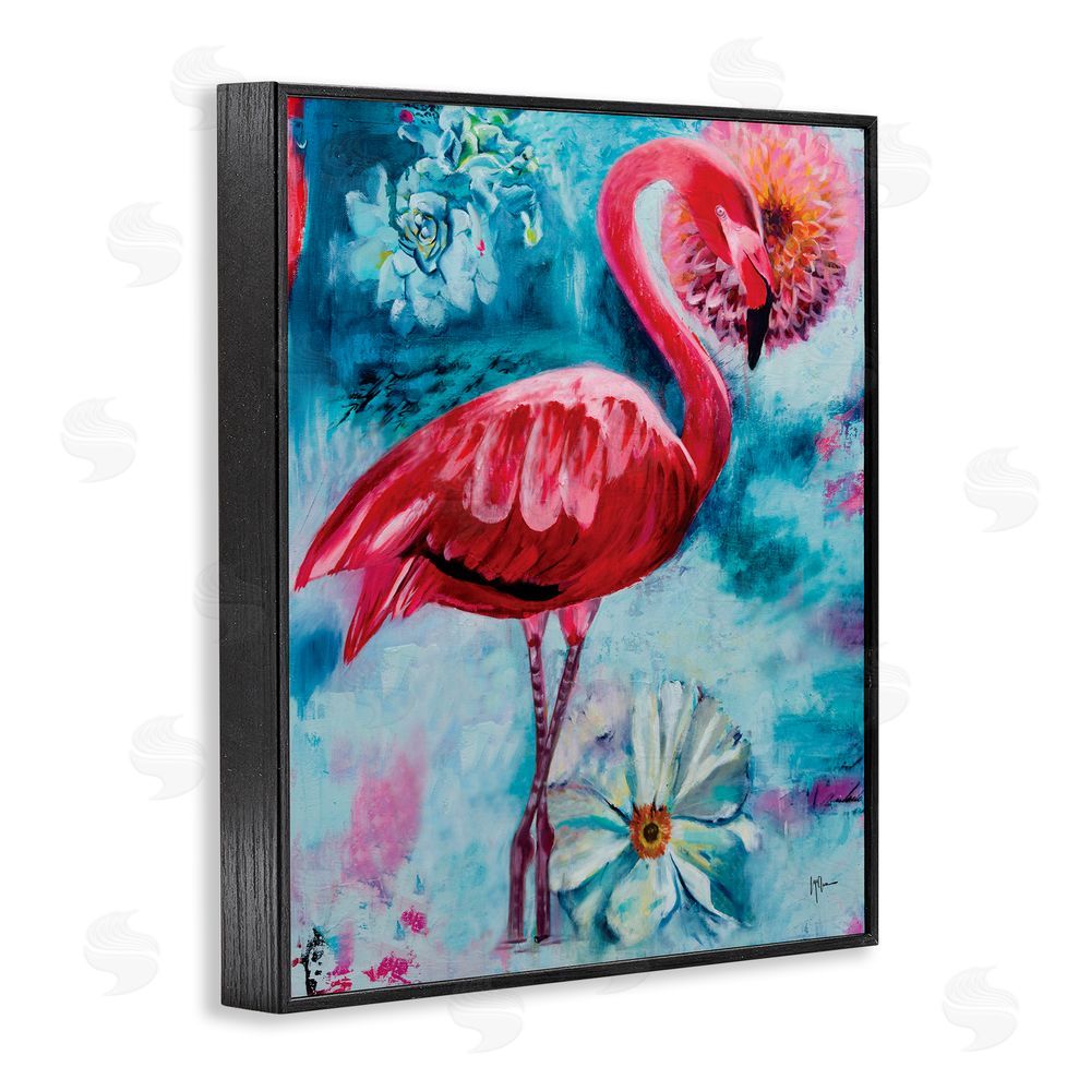 Linda McClure Modern Flamingo & Blooms Black Framed Giclee Wall Art Print