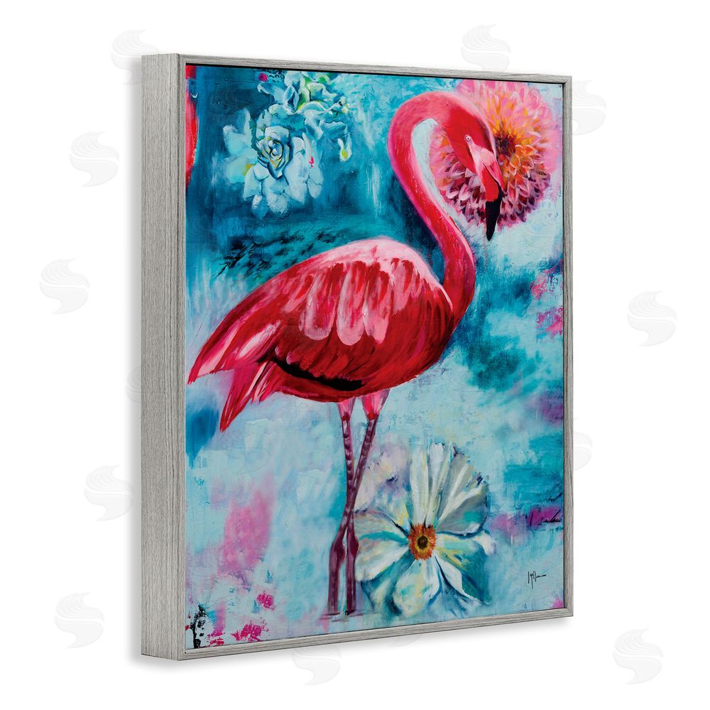 Linda McClure Modern Flamingo & Blooms Gray Framed Giclee Wall Art Print