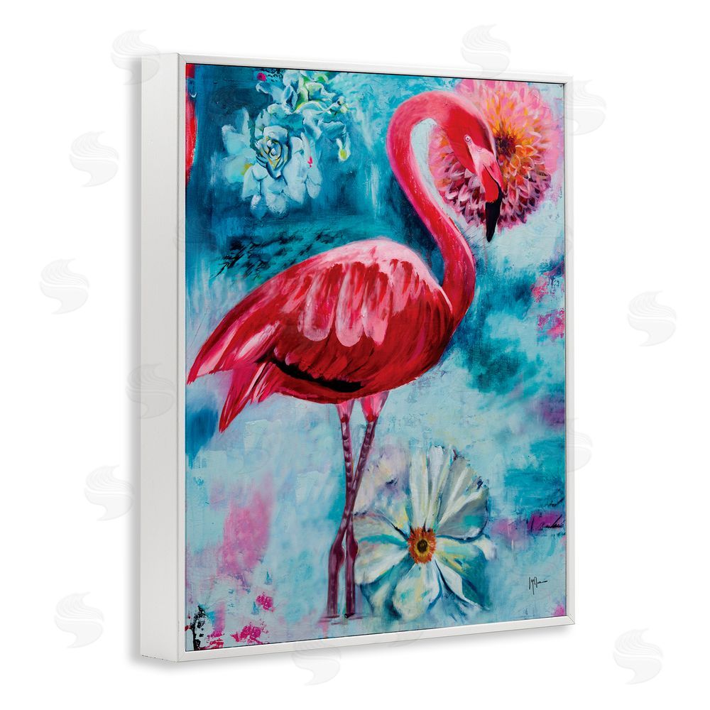 Linda McClure Modern Flamingo & Blooms White Framed Giclee Wall Art Print