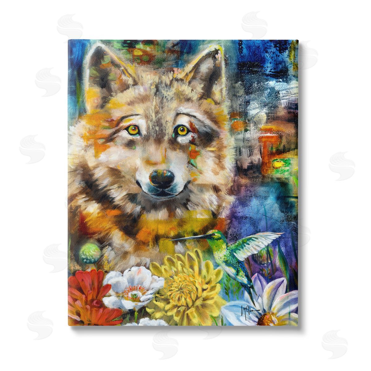 Linda McClure Wolf with Abstract Florals Stretched Canvas Wall Art Print