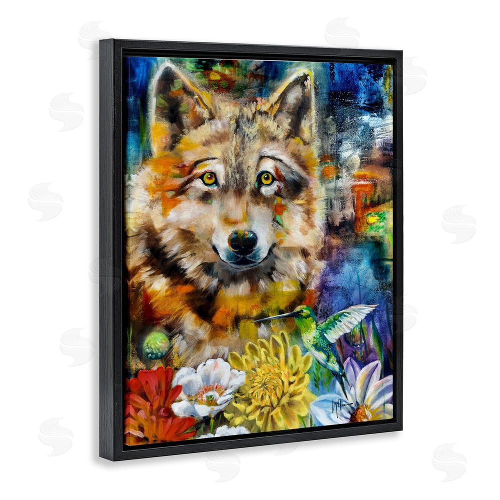 Linda McClure Wolf with Abstract Florals Black Floating Frame Canvas Wall Art Print