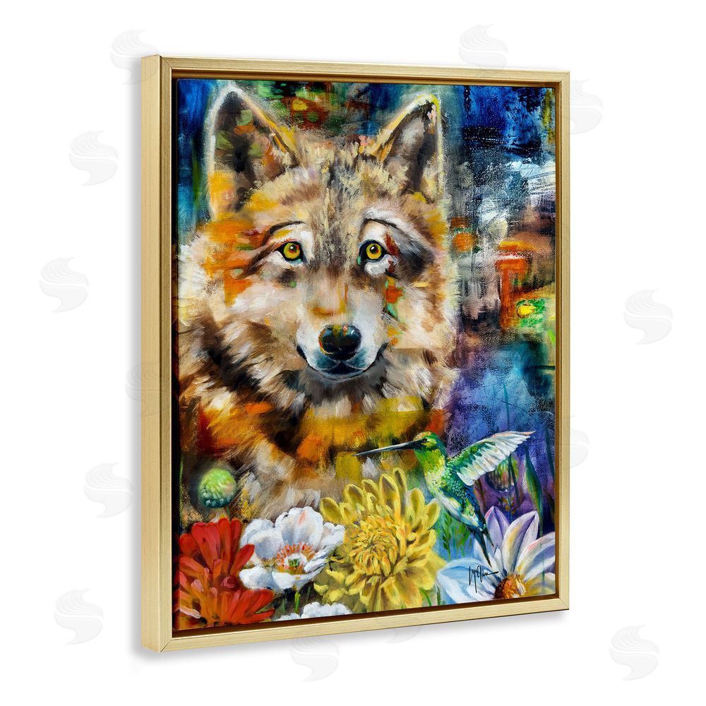 Linda McClure Wolf with Abstract Florals Gold Floating Frame Canvas Wall Art Print