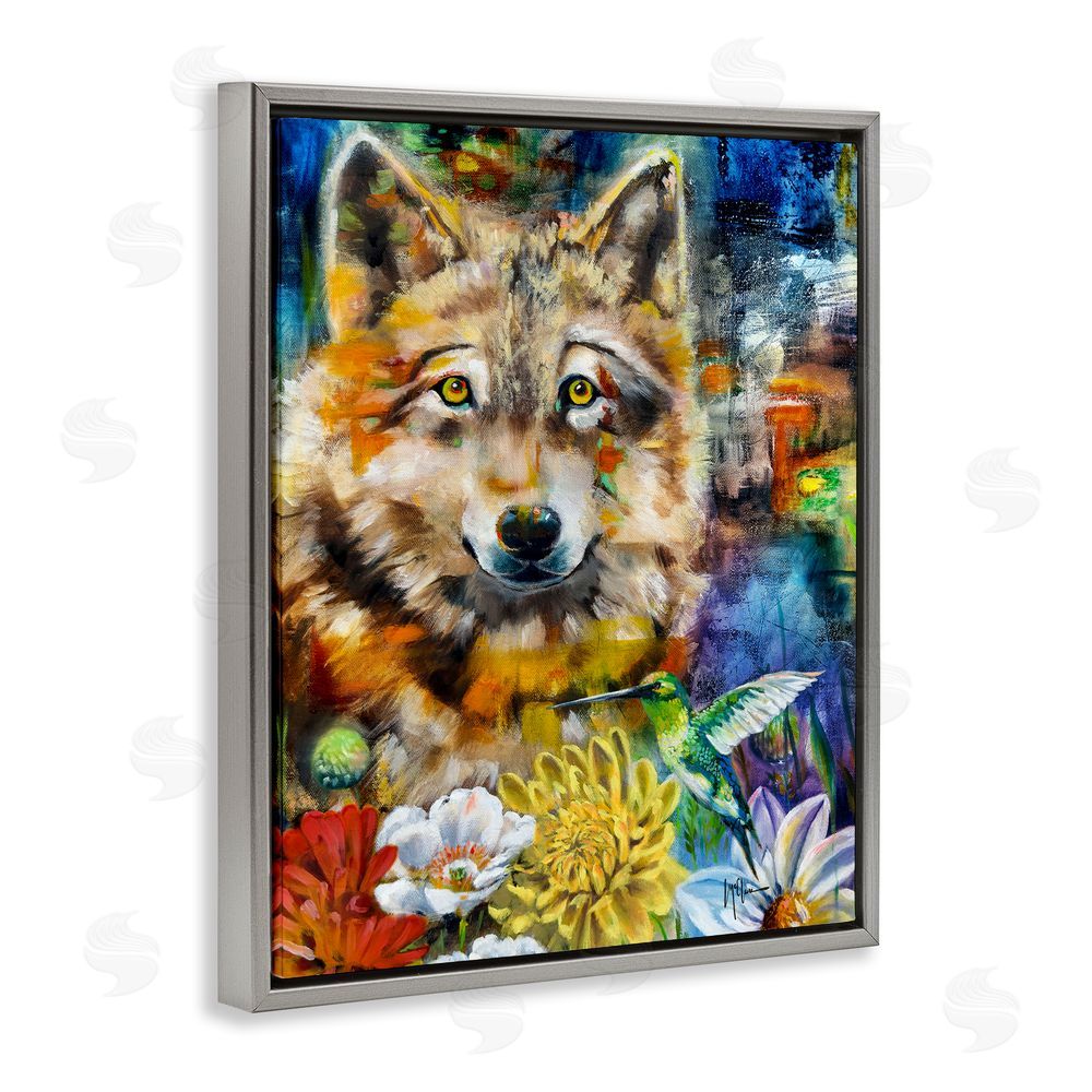 Linda McClure Wolf with Abstract Florals Grey Floating Frame Canvas Wall Art Print