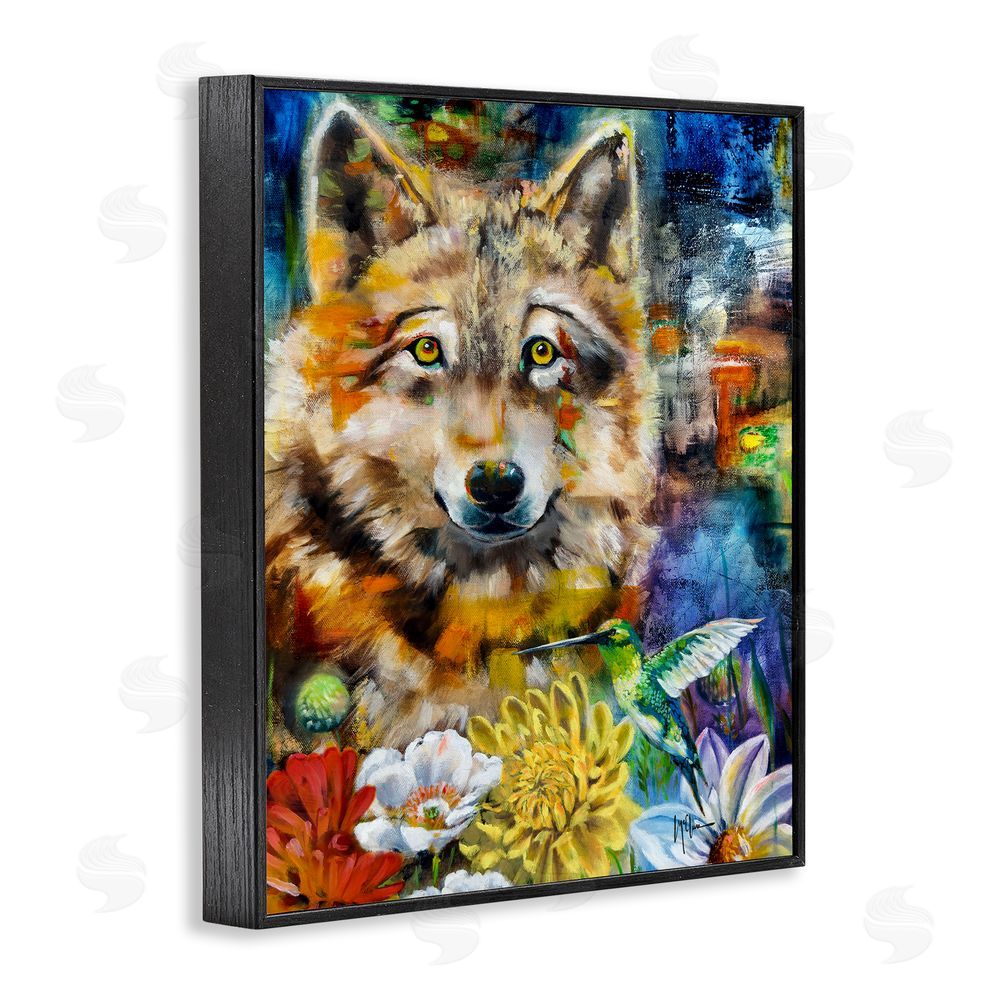 Linda McClure Wolf with Abstract Florals Black Framed Giclee Wall Art Print