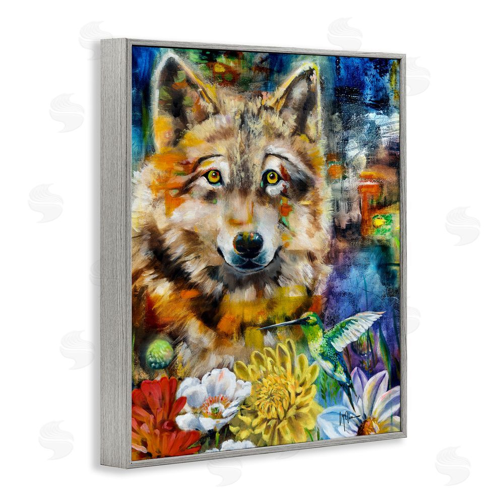 Linda McClure Wolf with Abstract Florals Gray Framed Giclee Wall Art Print