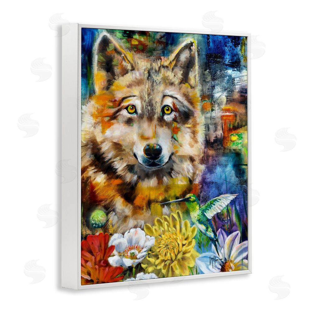 Linda McClure Wolf with Abstract Florals White Framed Giclee Wall Art Print