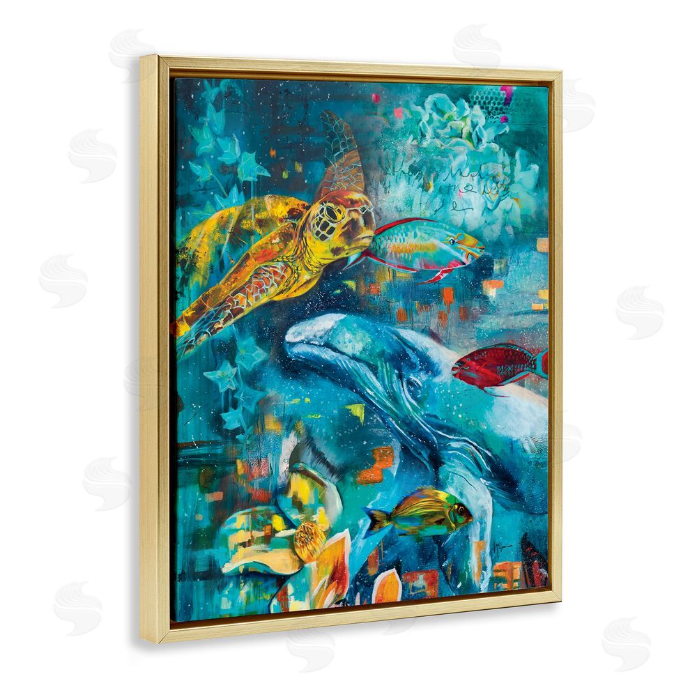 Linda McClure Abstract Underwater Creatures Gold Floating Frame Canvas Wall Art Print