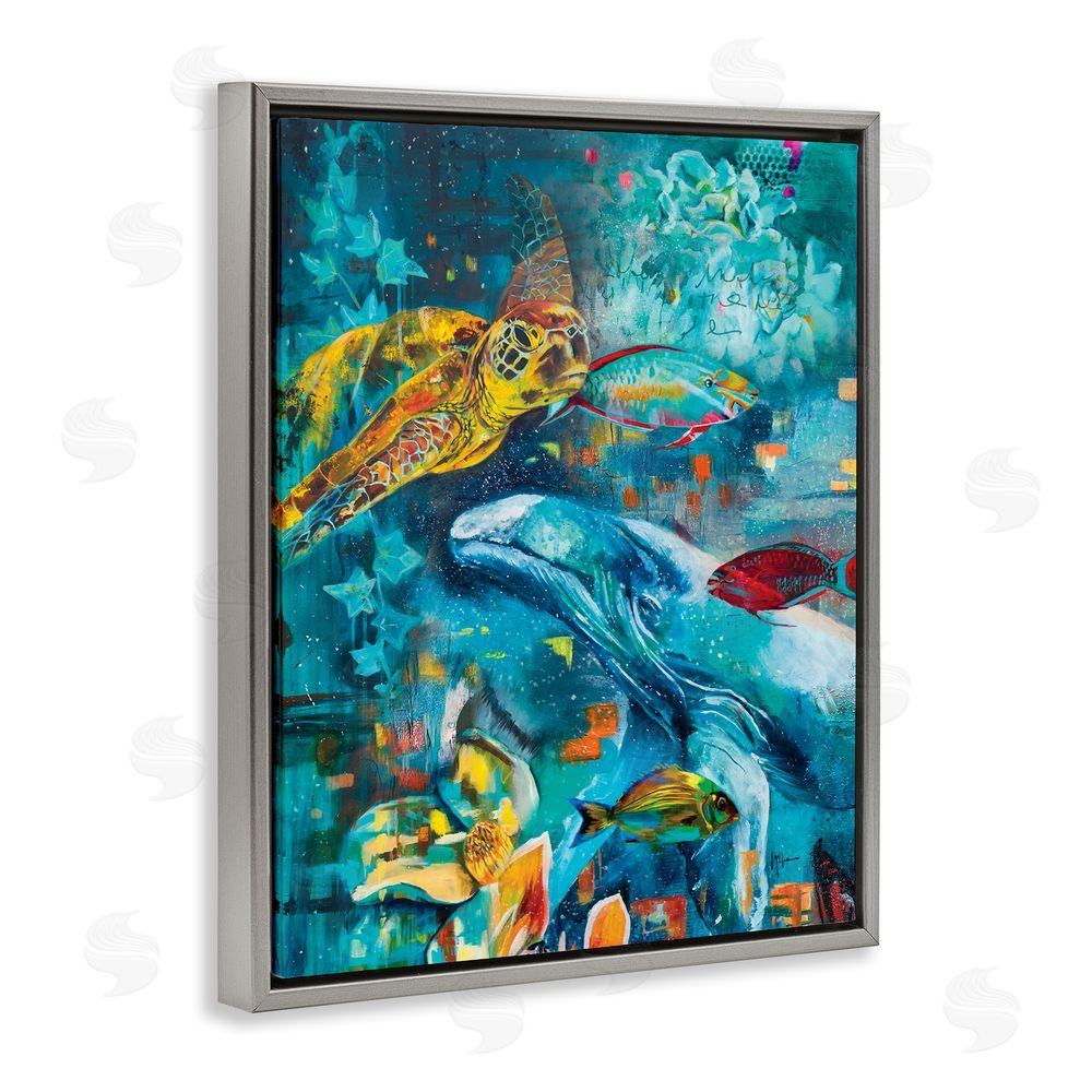 Linda McClure Abstract Underwater Creatures Grey Floating Frame Canvas Wall Art Print