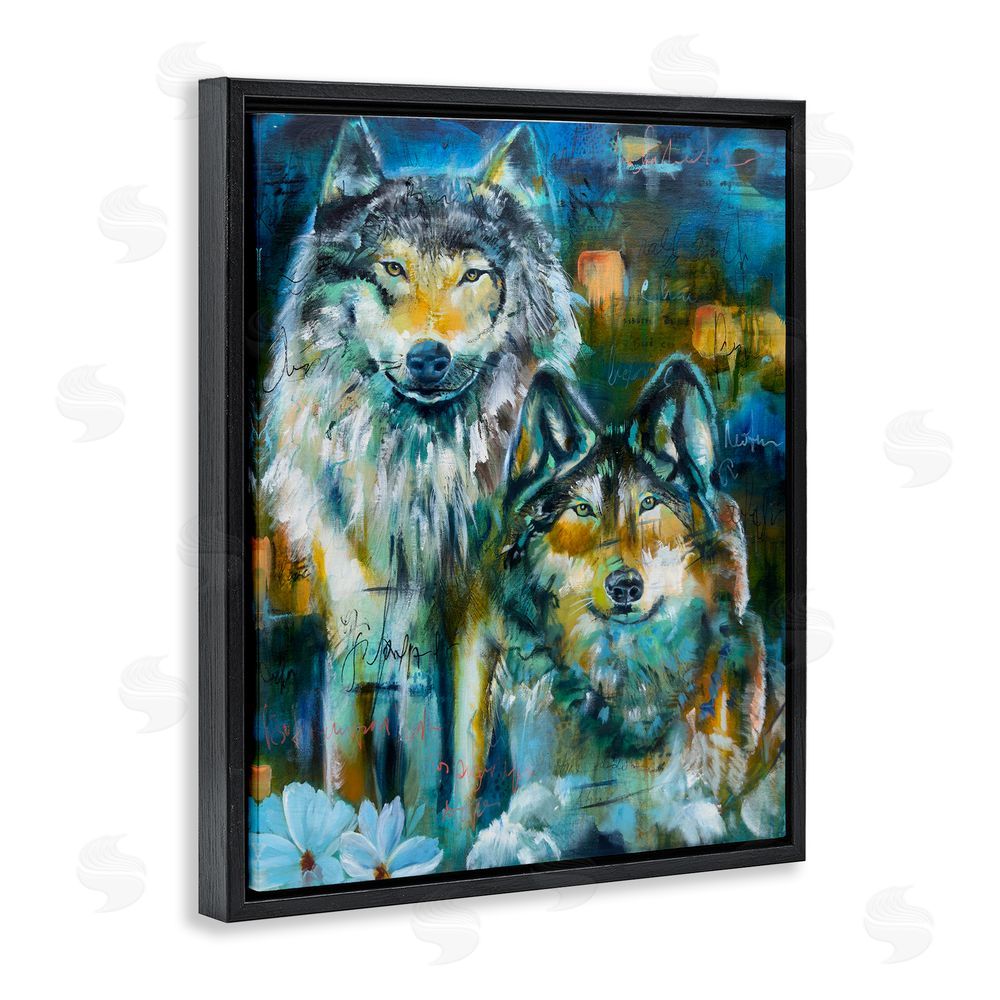 Linda McClure Abstract Wolf Pair Black Floating Frame Canvas Wall Art Print