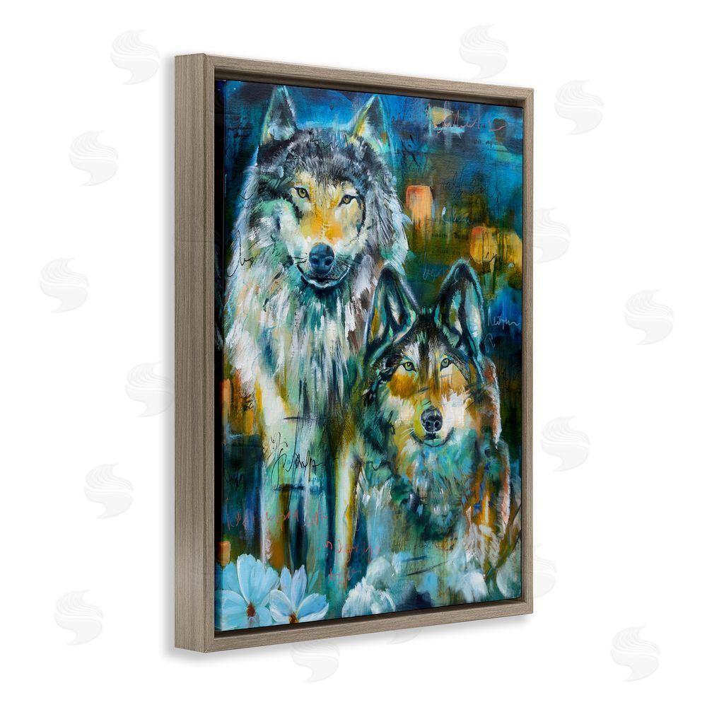 Linda McClure Abstract Wolf Pair Brown Floating Frame Canvas Wall Art Print