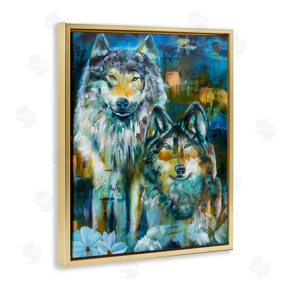 Linda McClure Abstract Wolf Pair Gold Floating Frame Canvas Wall Art Print