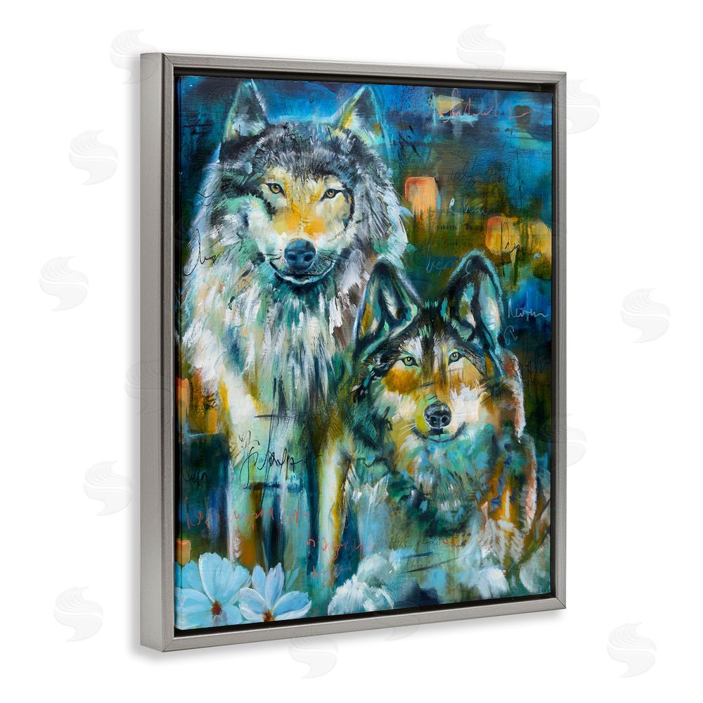 Linda McClure Abstract Wolf Pair Grey Floating Frame Canvas Wall Art Print