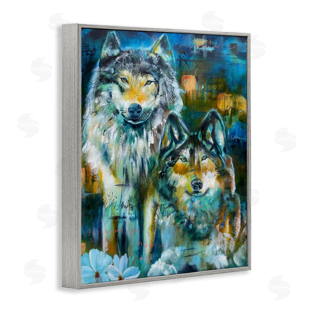 Linda McClure Abstract Wolf Pair Gray Framed Giclee Wall Art Print