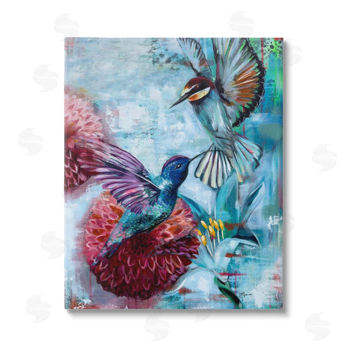 Linda McClure Hummingbirds & Dahlias Stretched Canvas Wall Art Print