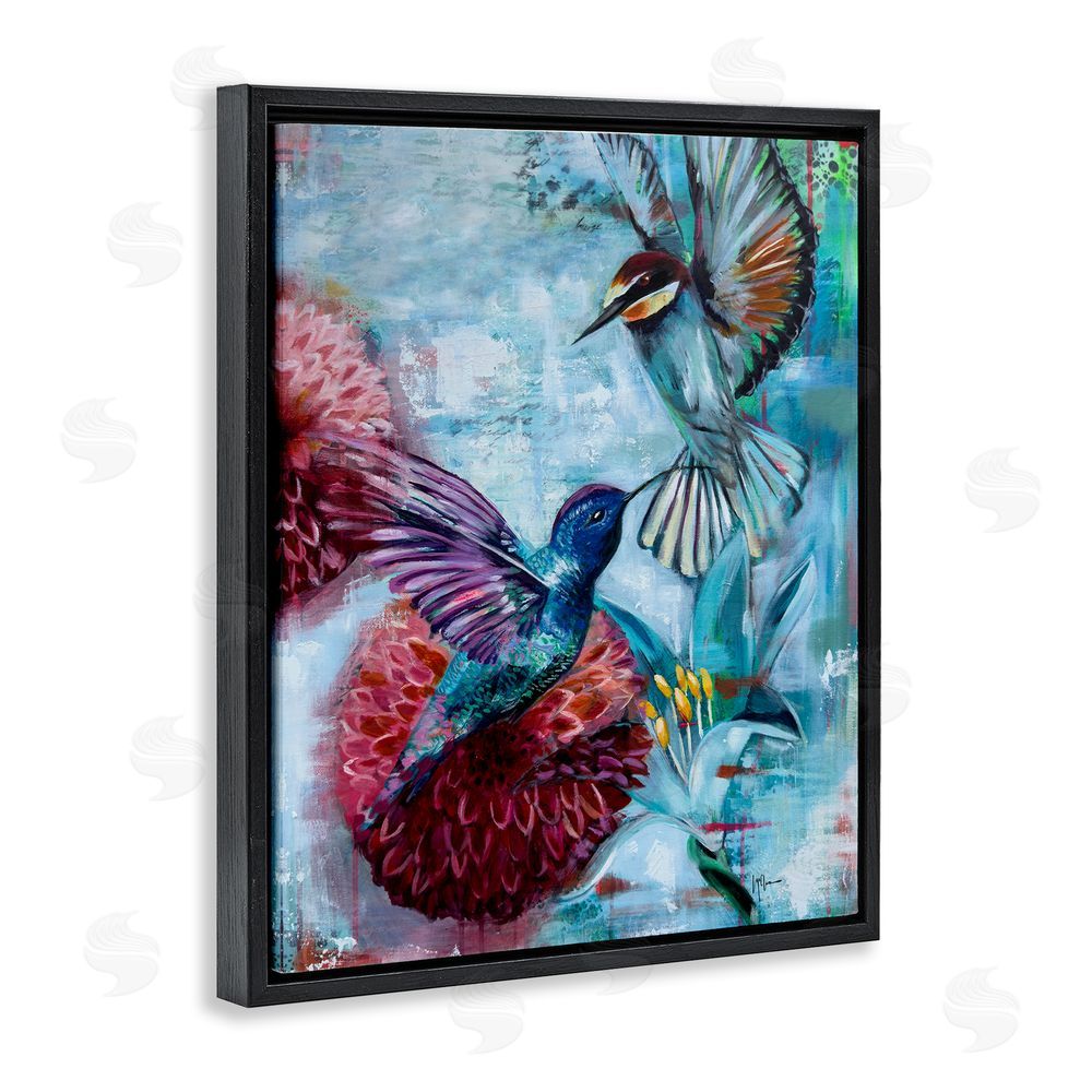Linda McClure Hummingbirds & Dahlias Black Floating Frame Canvas Wall Art Print