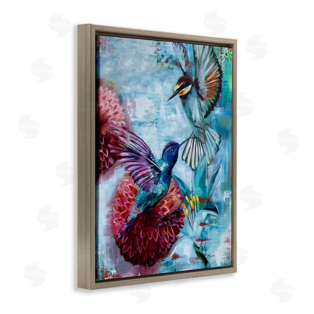 Linda McClure Hummingbirds & Dahlias Brown Floating Frame Canvas Wall Art Print
