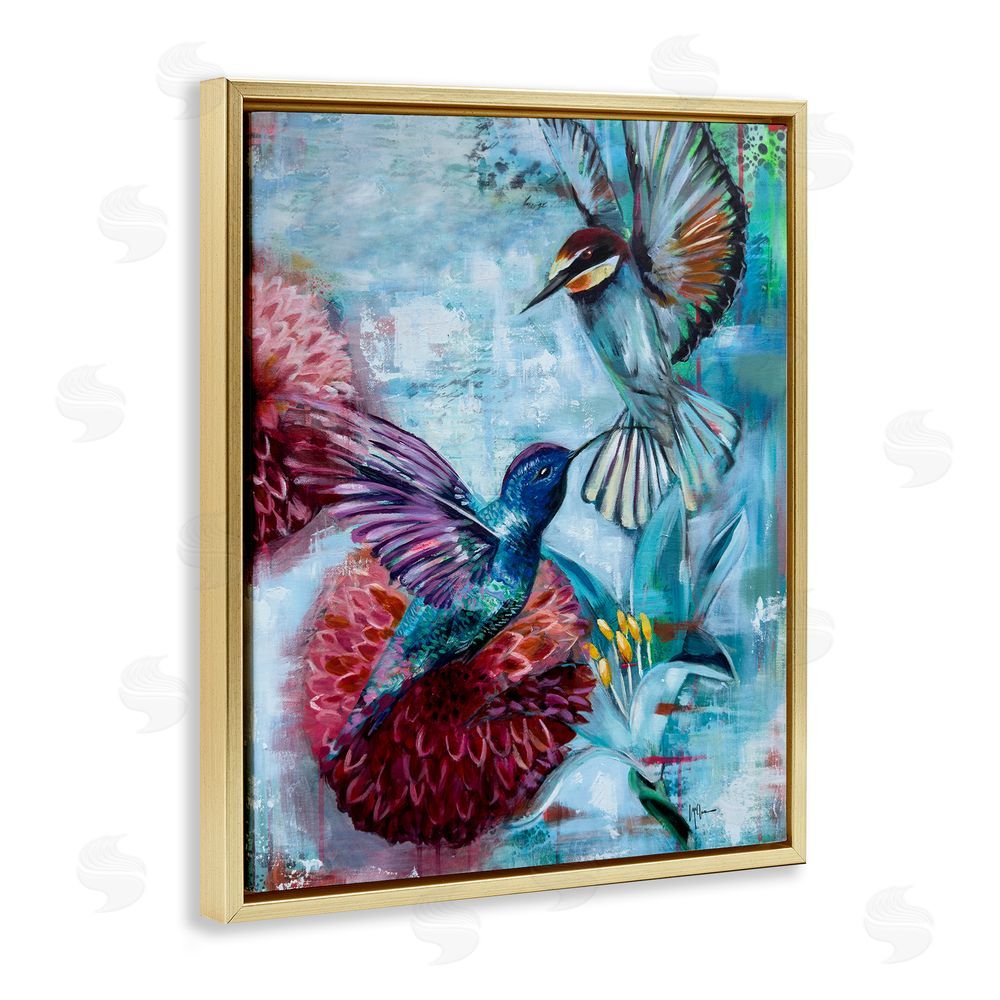 Linda McClure Hummingbirds & Dahlias Gold Floating Frame Canvas Wall Art Print