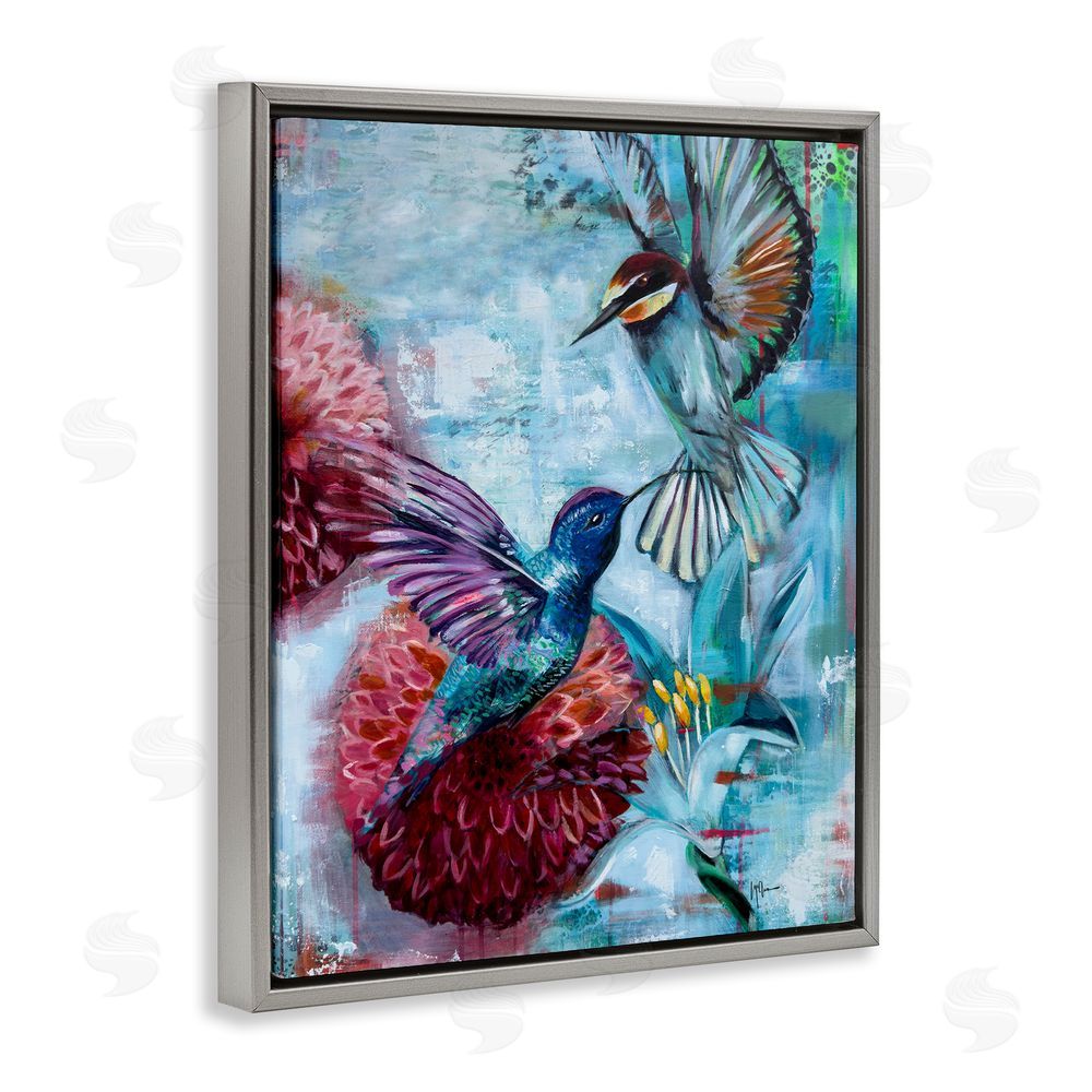 Linda McClure Hummingbirds & Dahlias Grey Floating Frame Canvas Wall Art Print