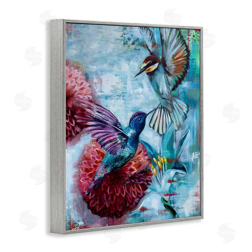 Linda McClure Hummingbirds & Dahlias Gray Framed Giclee Wall Art Print