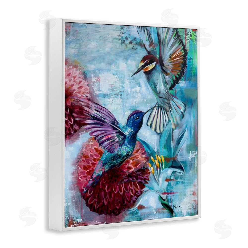 Linda McClure Hummingbirds & Dahlias White Framed Giclee Wall Art Print