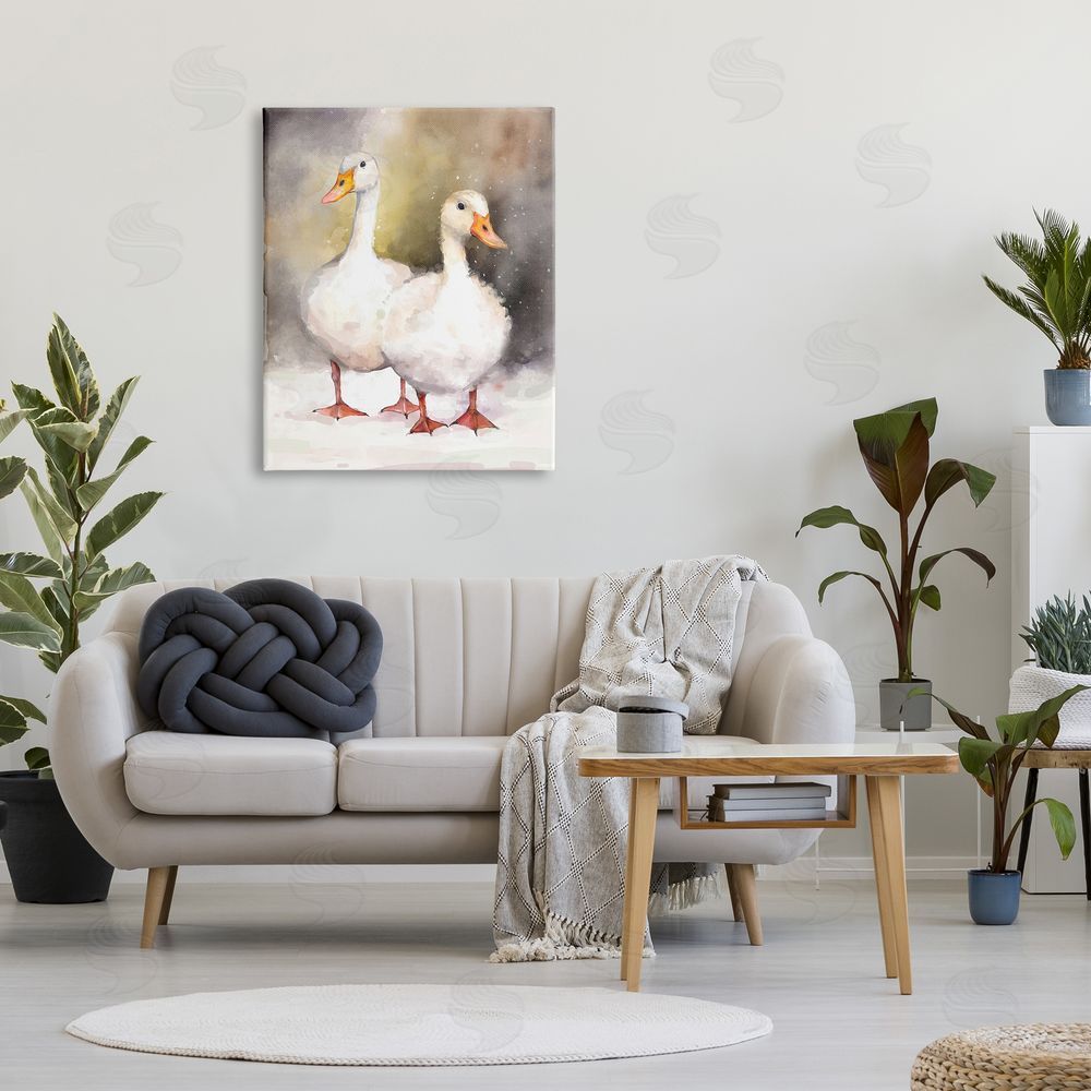 Ziwei Li Two White Ducks in Snow Canvas Wall Art Print in Room