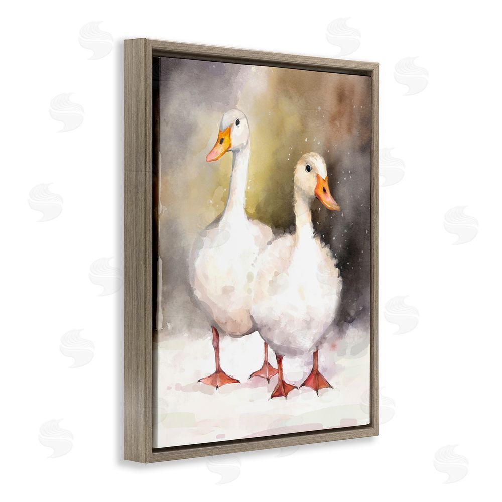 Ziwei Li Two White Ducks in Snow Brown Floating Frame Canvas Wall Art Print