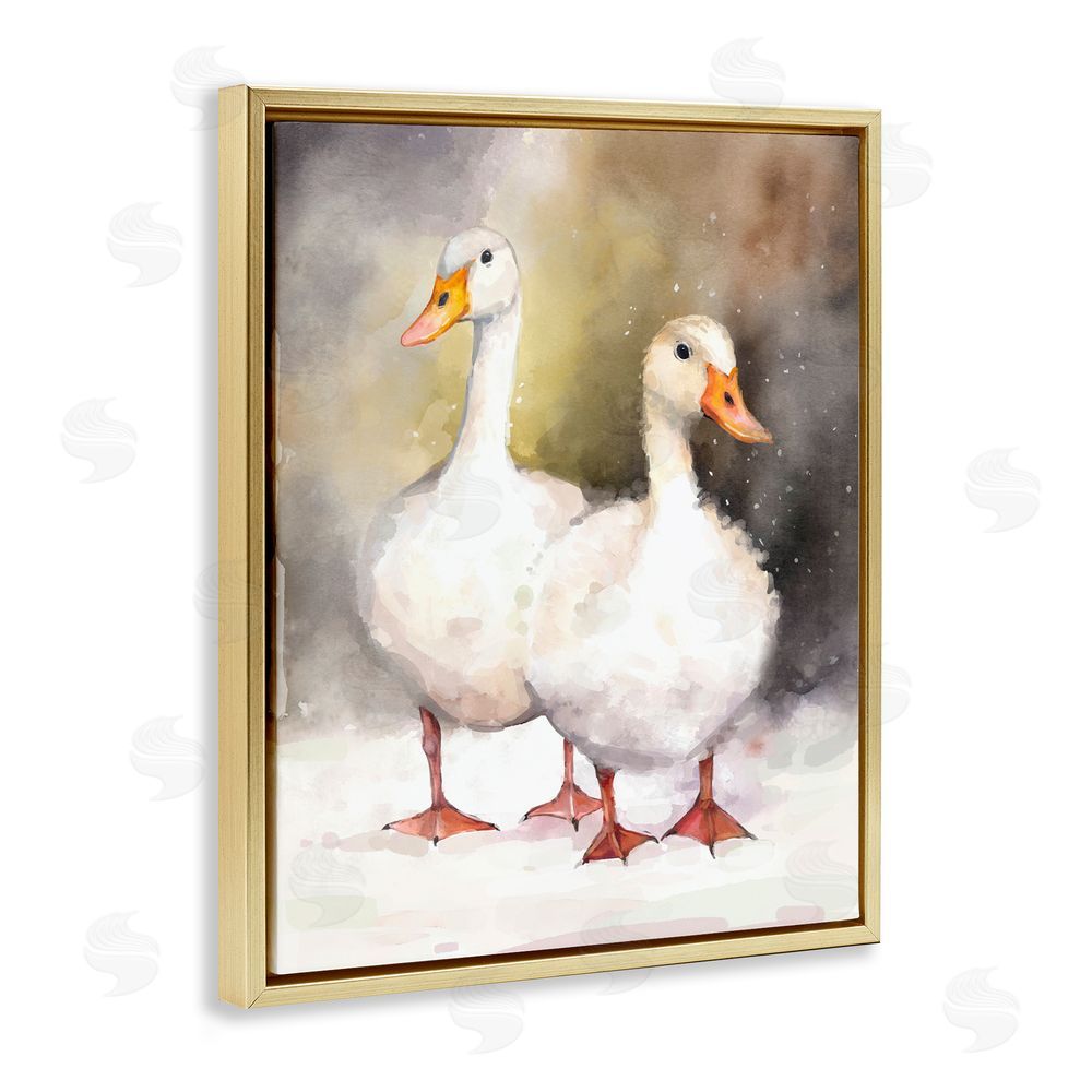 Ziwei Li Two White Ducks in Snow Gold Floating Frame Canvas Wall Art Print