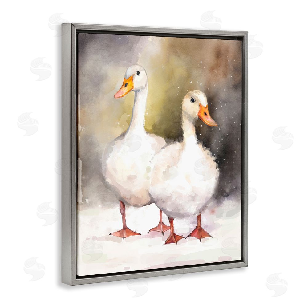 Ziwei Li Two White Ducks in Snow Grey Floating Frame Canvas Wall Art Print