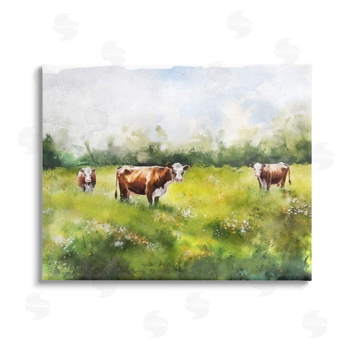 Ziwei Li Cows in Pasture Watercolor Stretched Canvas Wall Art Print