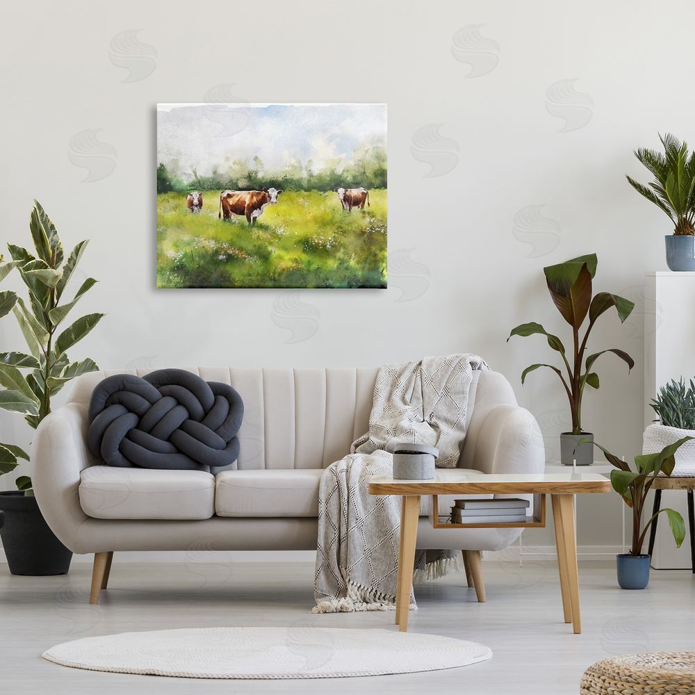 Ziwei Li Cows in Pasture Watercolor Canvas Wall Art Print in Room