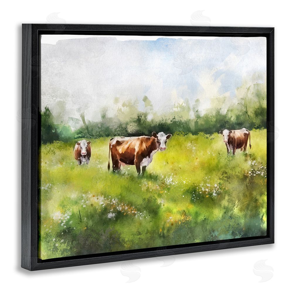 Ziwei Li Cows in Pasture Watercolor Black Floating Frame Canvas Wall Art Print