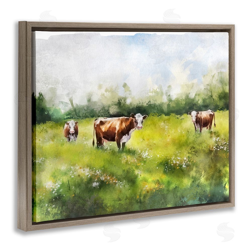 Ziwei Li Cows in Pasture Watercolor Brown Floating Frame Canvas Wall Art Print