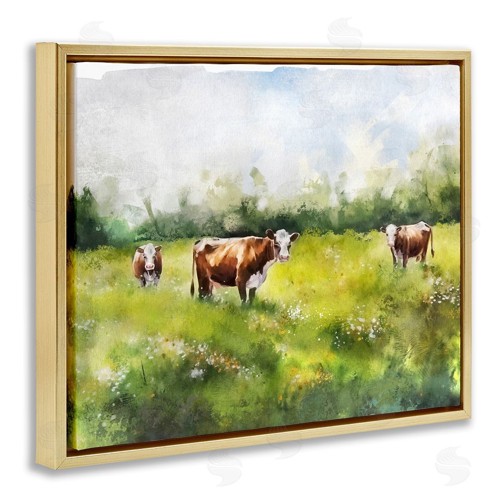 Ziwei Li Cows in Pasture Watercolor Gold Floating Frame Canvas Wall Art Print