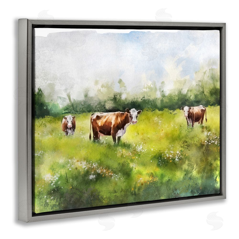 Ziwei Li Cows in Pasture Watercolor Grey Floating Frame Canvas Wall Art Print