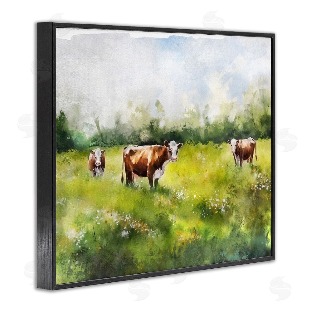 Ziwei Li Cows in Pasture Watercolor Black Framed Giclee Wall Art Print