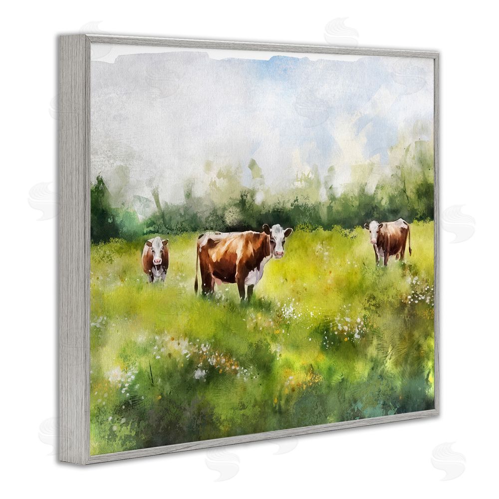 Ziwei Li Cows in Pasture Watercolor Gray Framed Giclee Wall Art Print